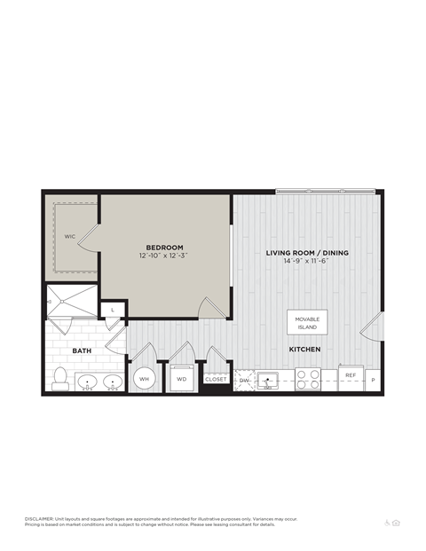 Floor plan for 1 bed, 1 bath, 701 sqft