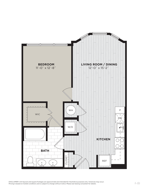 Floor plan for 1 bed, 1 bath, 707 sqft