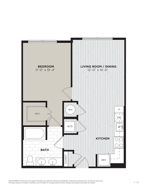 Floor plan for 1 bed, 1 bath, 709 sqft