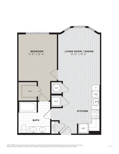 Floor plan for 1 bed, 1 bath, 715 sqft