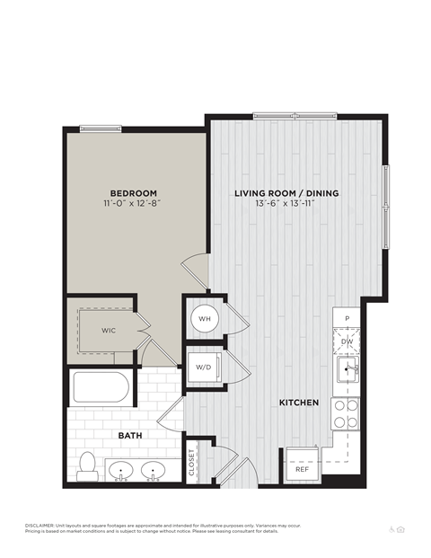 Floor plan for 1 bed, 1 bath, 722 sqft