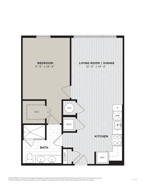 Floor plan for 1 bed, 1 bath, 724 sqft