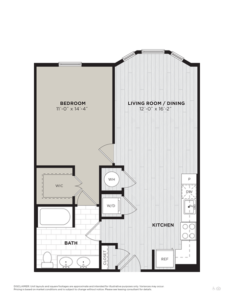 Floor plan for 1 bed, 1 bath, 738 sqft