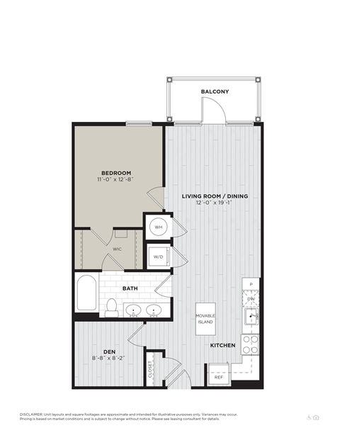 Floor plan for 1 bed, 1 bath, 803 sqft