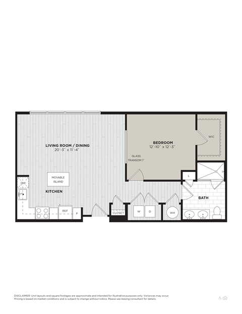 Floor plan for 1 bed, 1 bath, 809 sqft