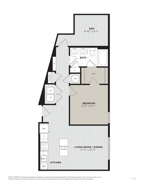 Floor plan for 1 bed, 1 bath, 833 sqft