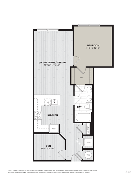 Floor plan for 1 bed, 1 bath, 839 sqft