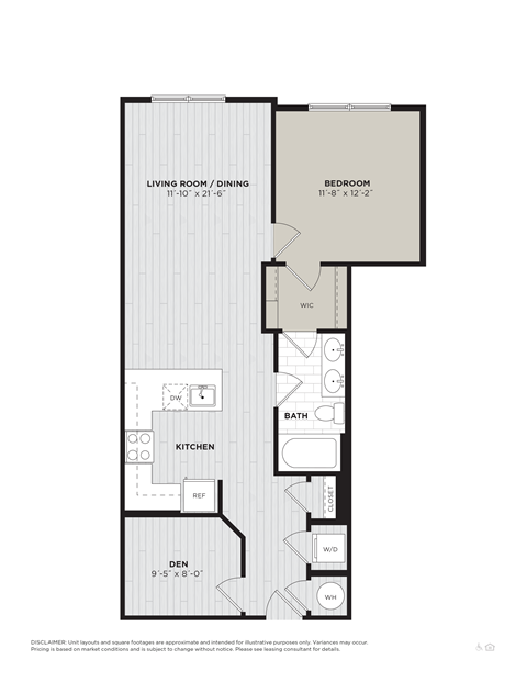 Floor plan for 1 bed, 1 bath, 861 sqft