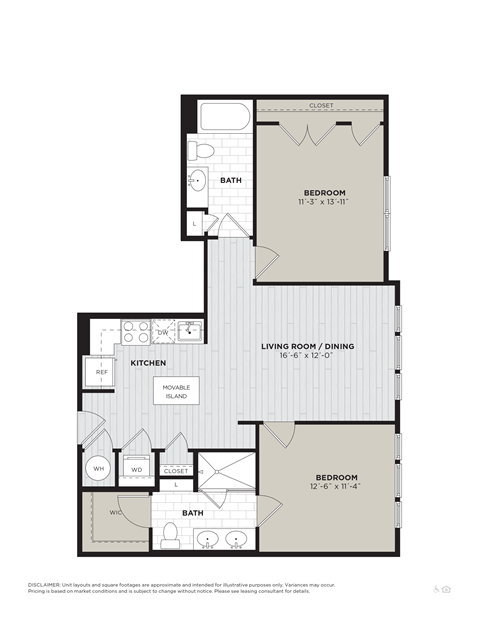 Floor plan for 2 beds, 2 baths, 967 sqft