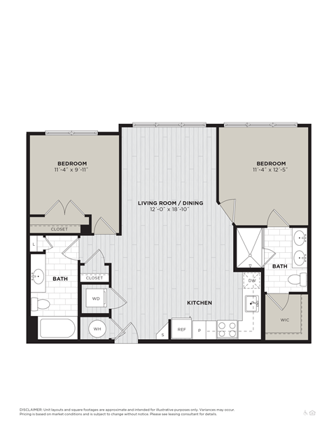 Floor plan for 2 beds, 2 baths, 985 sqft