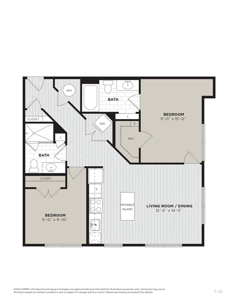 Floor plan for 2 beds, 2 baths, 994 sqft