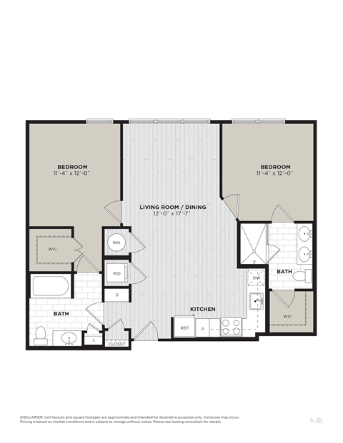 Floor plan for 2 beds, 2 baths, 995 sqft
