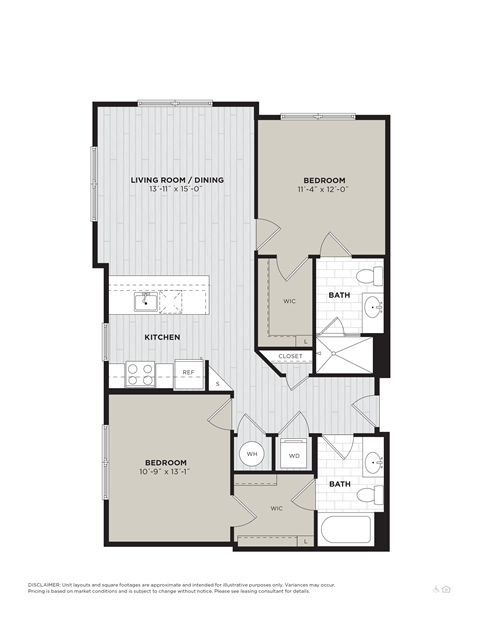 Floor plan for 2 beds, 2 baths, 1004 sqft