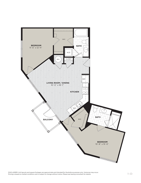 Floor plan for 2 beds, 2 baths, 1006 sqft