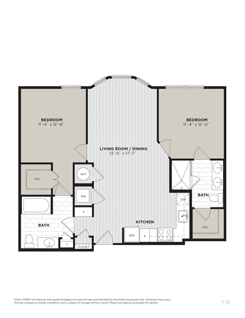 Floor plan for 2 beds, 2 baths, 1009 sqft
