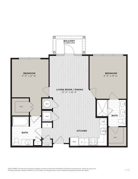 Floor plan for 2 beds, 2 baths, 1010 sqft