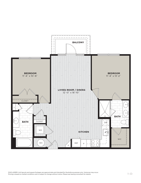 Floor plan for 2 beds, 2 baths, 1010 sqft