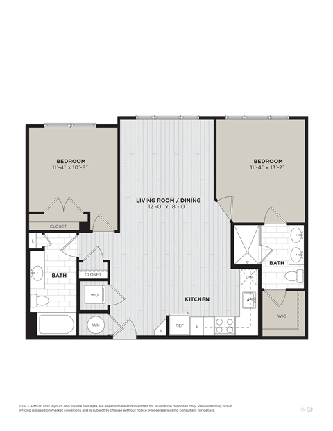 Floor plan for 2 beds, 2 baths, 1010 sqft