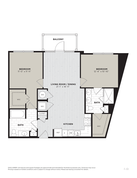 Floor plan for 2 beds, 2 baths, 1019 sqft