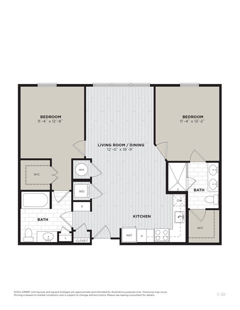 Floor plan for 2 beds, 2 baths, 1021 sqft
