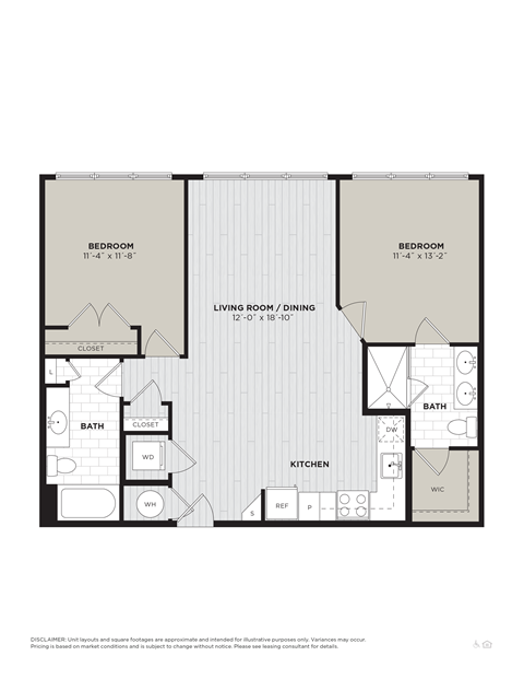 Floor plan for 2 beds, 2 baths, 1021 sqft