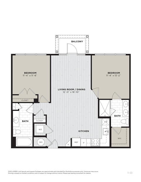 Floor plan for 2 beds, 2 baths, 1023 sqft