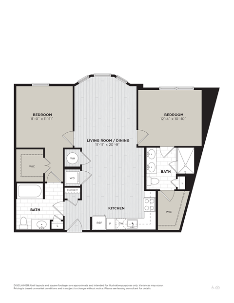 Floor plan for 2 beds, 2 baths, 1034 sqft