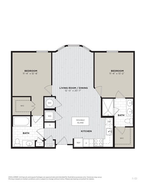 Floor plan for 2 beds, 2 baths, 1035 sqft