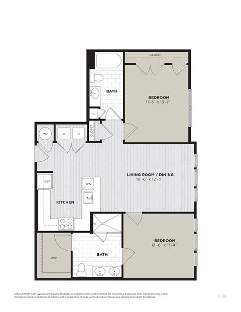 Floor plan for 2 beds, 2 baths, 1038 sqft