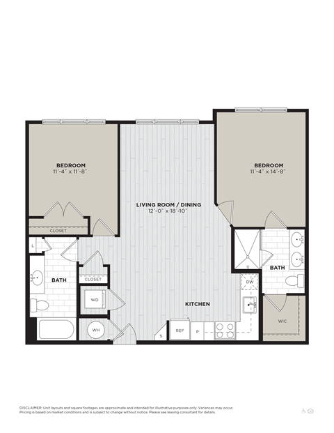 Floor plan for 2 beds, 2 baths, 1039 sqft