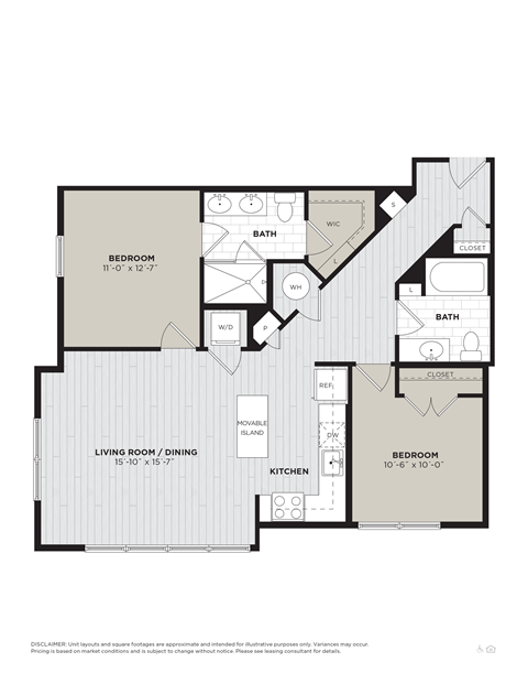 Floor plan for 2 beds, 2 baths, 1040 sqft