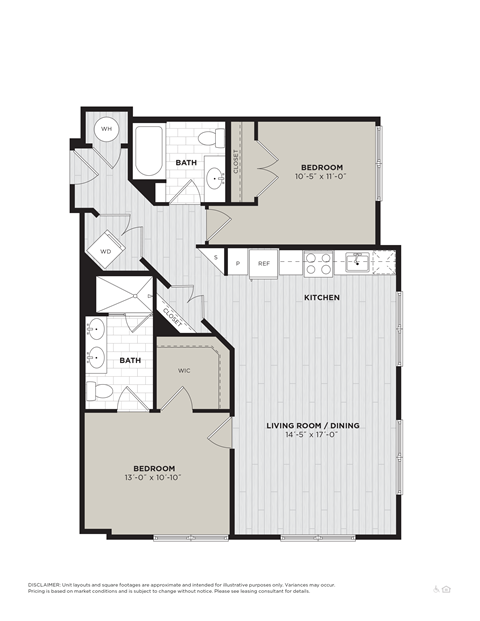 Floor plan for 2 beds, 2 baths, 1048 sqft