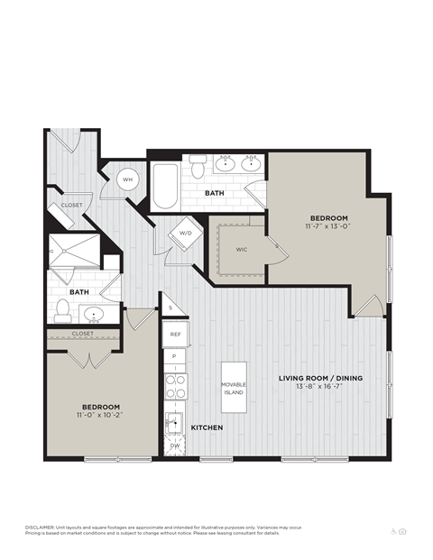 Floor plan for 2 beds, 2 baths, 1050 sqft