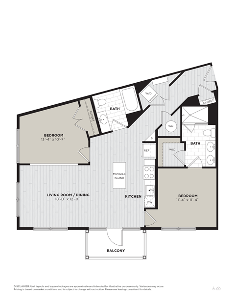 Floor plan for 2 beds, 2 baths, 1061 sqft