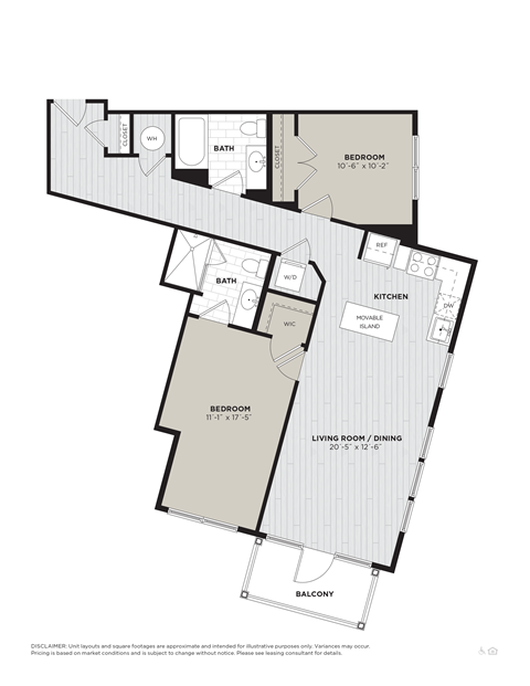 Floor plan for 2 beds, 2 baths, 1072 sqft