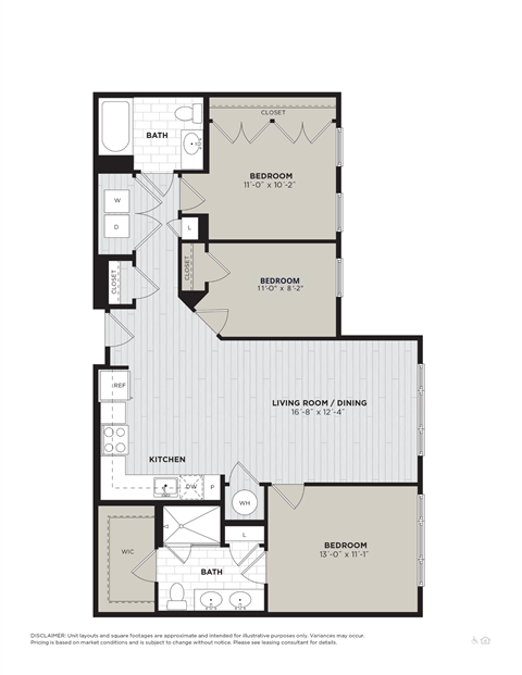 Floor plan for 3 beds, 2 baths, 1150 sqft
