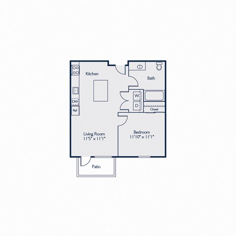 Floor plan for 1 bed, 1 bath, 576 sqft