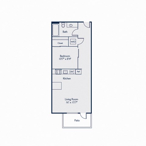 Floor plan for 1 bed, 1 bath, 583 sqft