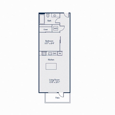 Floor plan for 1 bed, 1 bath, 645 sqft