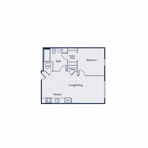Floor plan for 1 bed, 1 bath, 672 sqft