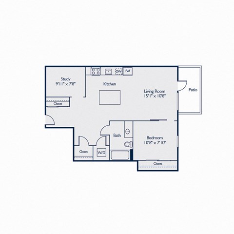 Floor plan for 1 bed, 1 bath, 744 sqft