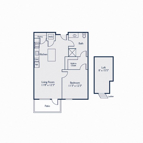 Floor plan for 1 bed, 1 bath, 795 sqft