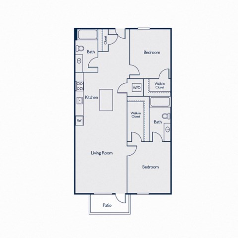 Floor plan for 2 beds, 2 baths, 965 sqft