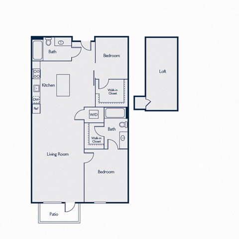 Floor plan for 2 beds, 2 baths, 1047 sqft