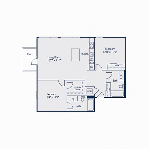 Floor plan for 2 beds, 2 baths, 1088 sqft