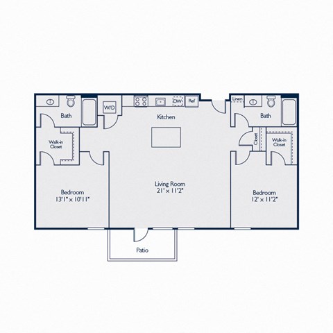 Floor plan for 2 beds, 2 baths, 1129 sqft