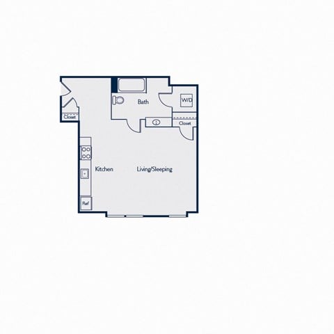 Floor plan for studio, 1 bath, 523 sqft