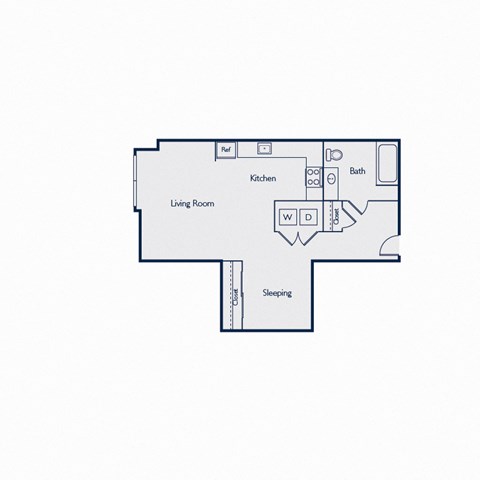 Floor plan for studio, 1 bath, 627 sqft