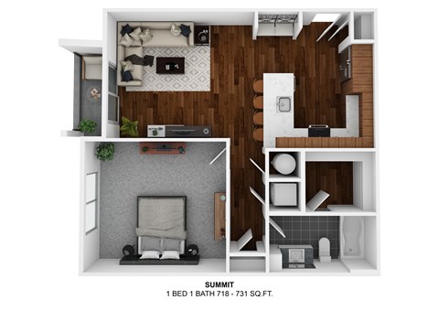 Floor plan for 1 bed, 1 bath, 731 sqft
