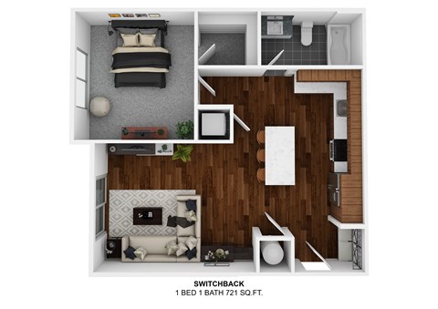 Floor plan for 1 bed, 1 bath, 721 sqft